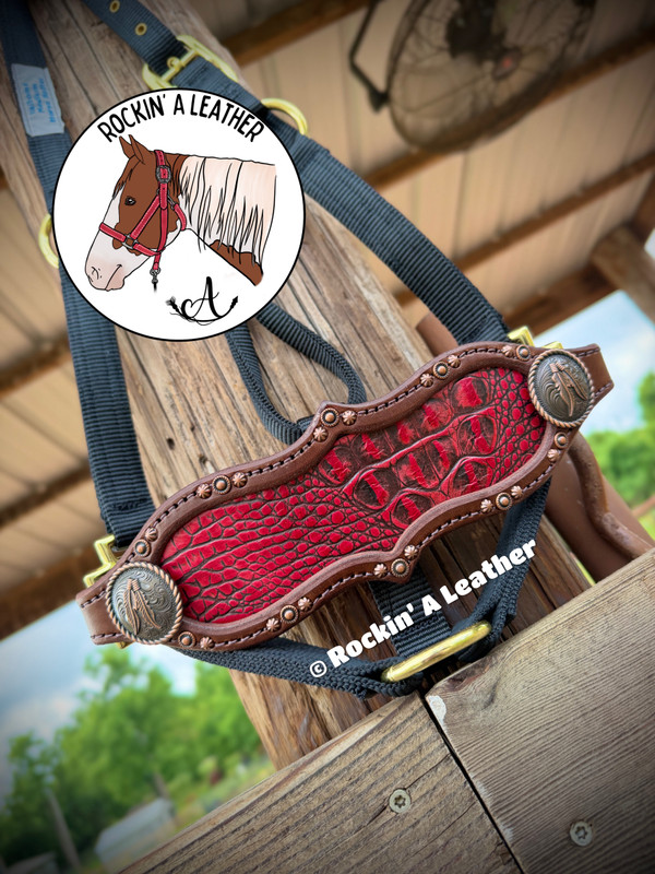 In Stock - Bronc Noseband Red Gator on Nylon Halter