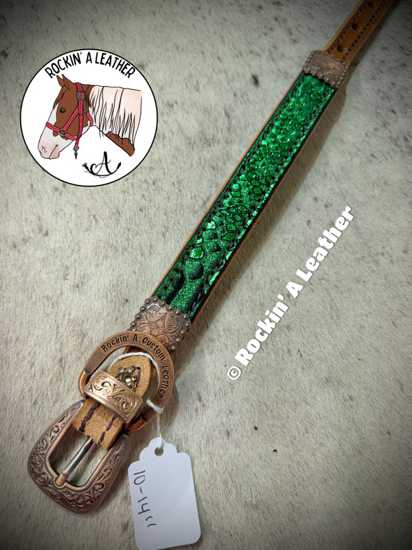 In Stock - Small Straight Dog Collar - Green Metallic Snake (10-14")