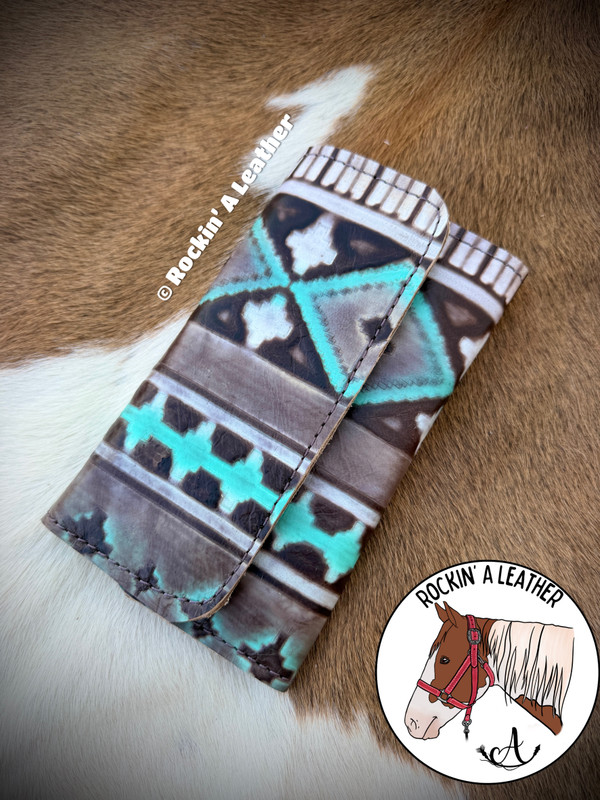 In Stock - Tri-Fold Wallet - Turquoise / White Aztec