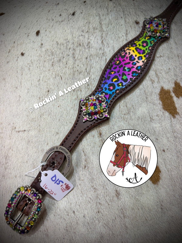 In Stock - Dog Collar - Large Scallop Style - D15 Rainbow Cheetah w Bling (16-22")