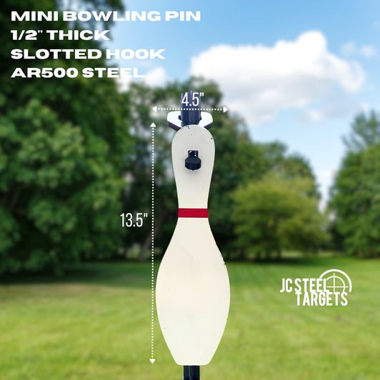 Mini Bowling Pin 1/2" Thick Slotted Hook AR500 Steel Targets Mini Bowling Pin 1/2" Thick Slotted Hook AR500 Steel Targets