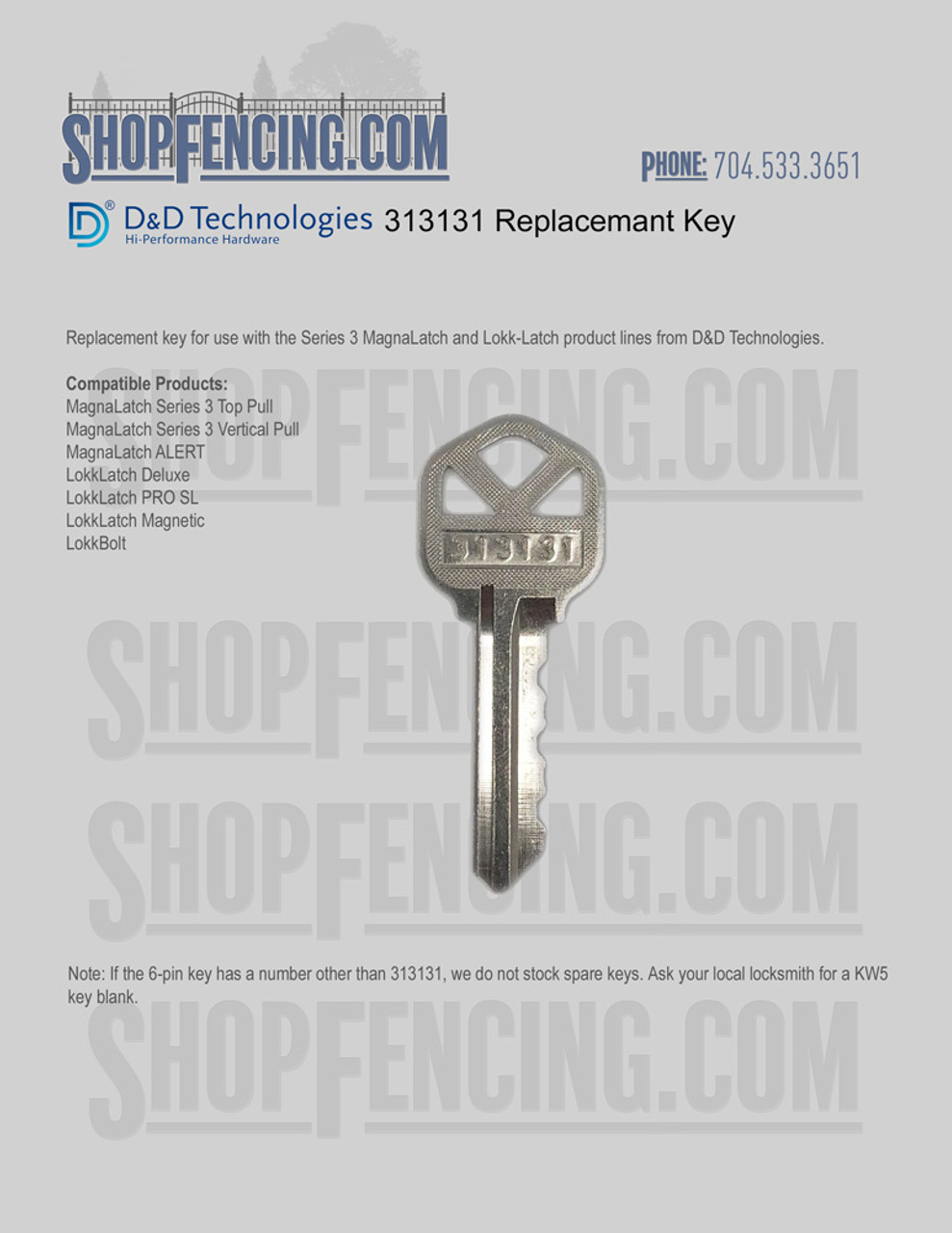 313131 Replacement Key For D&D Technologies Products