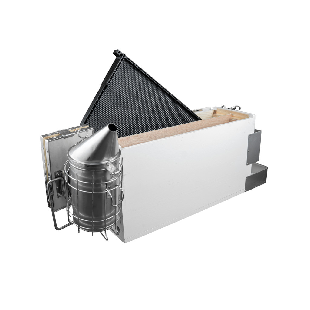 Beekeeping toolbox holding frame and smoker