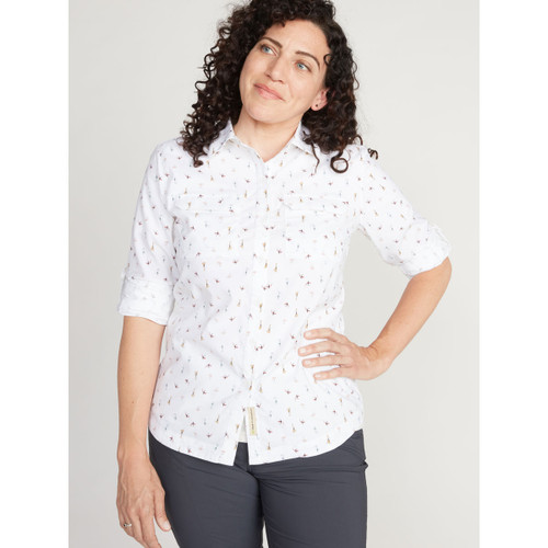 Woman Wearing Exofficio Missoula LS Shirt - Women's (Fall 2019) White Fly Print