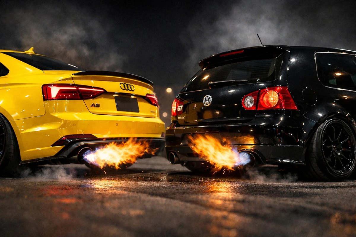 Audi A5 45 TFSI and VW GTI shooting flames, tuned by Boost Dynamic Tuning