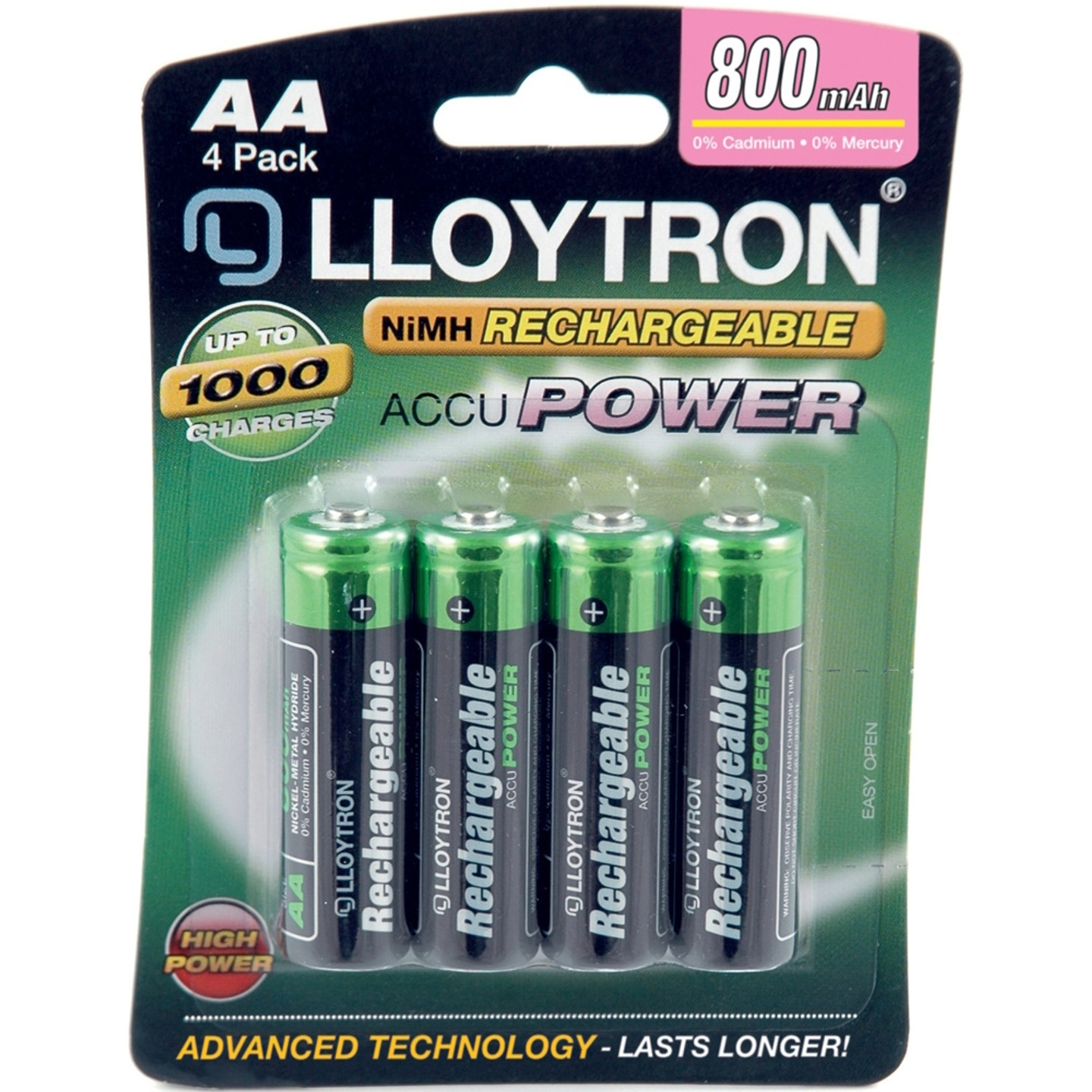 Pack of 4 High Capacity NiMH Rechargeable AA Batteries