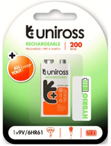 Uniross Hybrio 9 Volt PP3 200 Series 190mAh NiMH Stay Charged Rechargeable Battery. 1 Pack