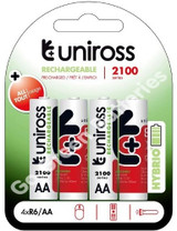 Uniross Hybrio AA 2100 Series 2000 mAh NiMH Rechargeable Batteries, Pre Charged.  4 Pack