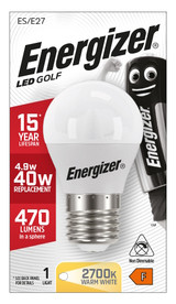 Energizer E27 4.9 Watt GOLF LED Bulb. 470 Lumens. Equivalent - 40W (Opal/Warm White)