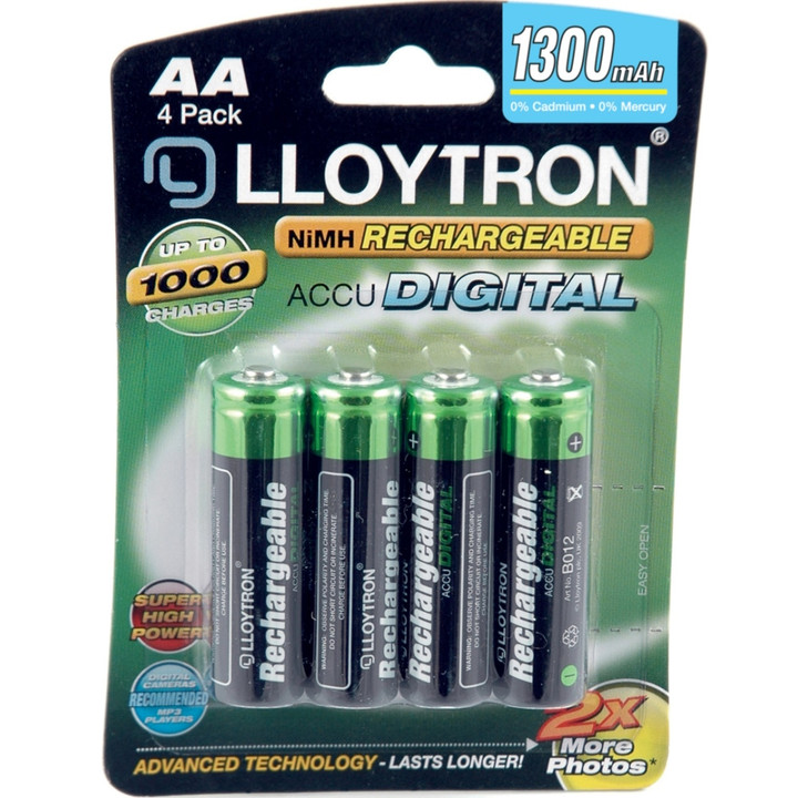 Lloytron AA 1300 mAh NiMH Rechargeable Batteries. 4 Pack