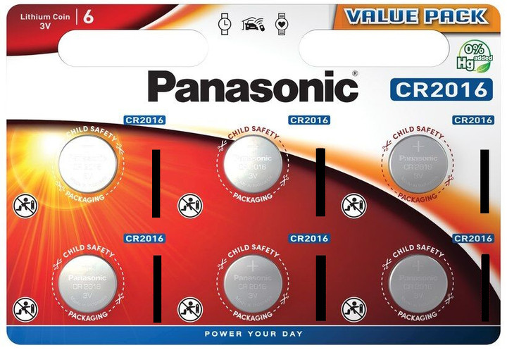 Panasonic CR2016 3 Volt Lithium Coin Cell Battery. 6 Pack