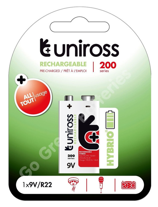 Uniross Hybrio 9 Volt PP3 200 Series NiMH Rechargeable Battery, Stay Charged (HR22). 1 Pack