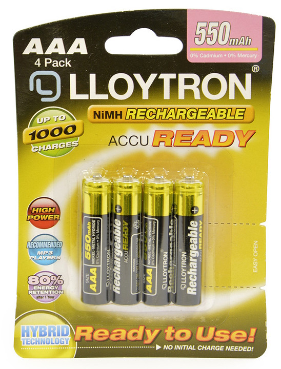 Lloytron AAA 550 mAh Ac Ready NiMH Rechargeable Batteries 4 Pack Pre charged