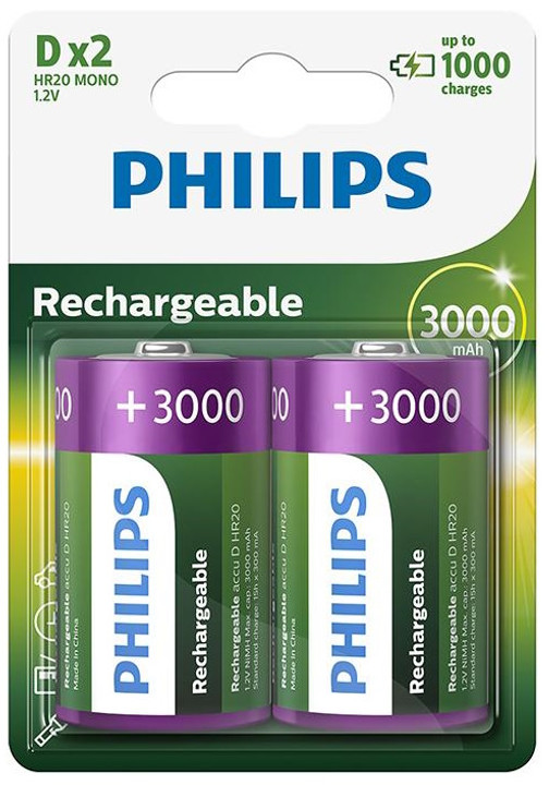 Philips D 3000 mAh NiMH Rechargeable Batteries (HR20). 2 Pack