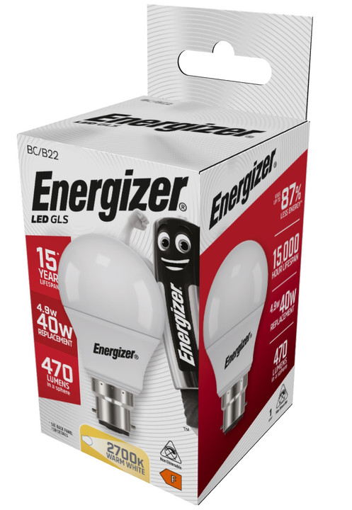 Energizer B22 4.9 Watt GLS LED Bulb. 470 Lumens. Equivalent - 40W (Opal/Warm White)