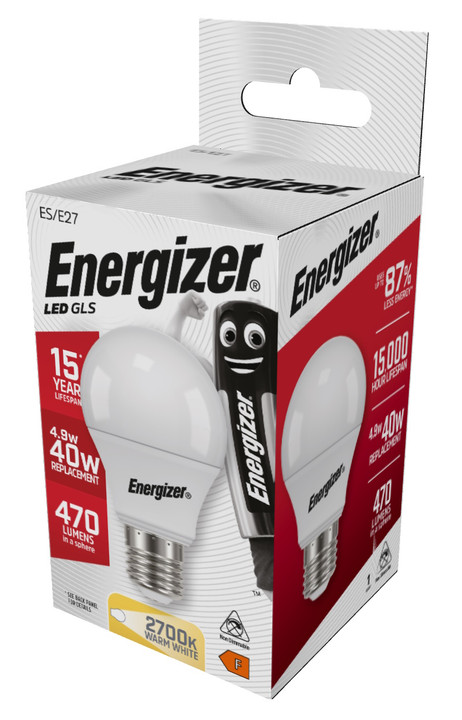 Energizer E27 4.9 Watt GLS LED Bulb. 470 Lumens. Equivalent - 40W (Opal/Warm White)