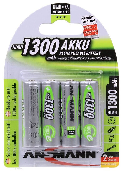 Ansmann AA 1300 mAh RTU Stay Charged NiMH Rechargeable Batteries. 4 Pack