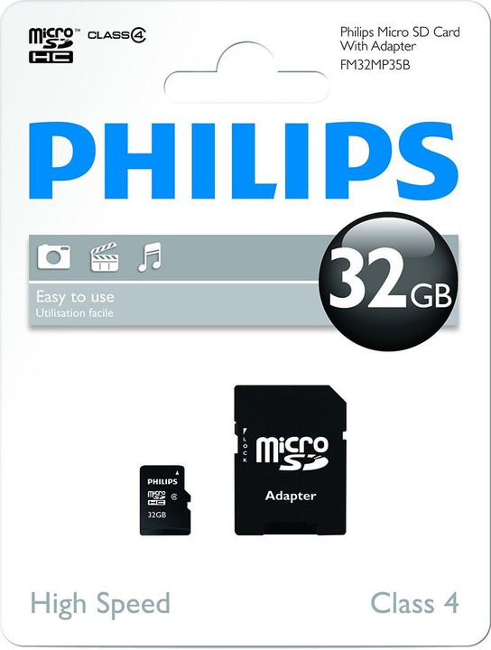Philips 32GB MicroSD HC Memory Card, Class 4, with adapter. 1 Pack PHIMSD32GBC4