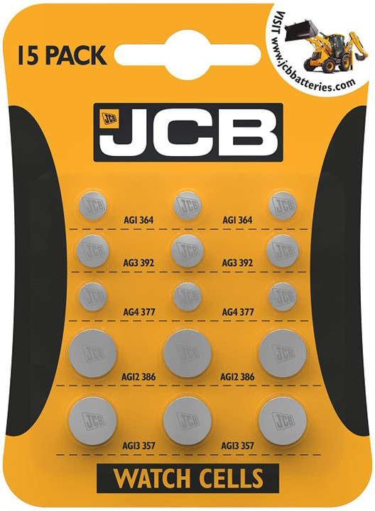 JCB Multipack Assorted Sizes LR44 LR41 LR43 Watch Battery 357 AG1 364 AG3 392 AG4 377 AG12 AG13. 15 Pack