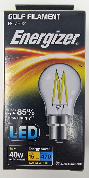 Energizer B22 4 Watt GOLF LED Filament Bulb. 470 Lumens. Equivalent - 40W (Opal/Warm White)
