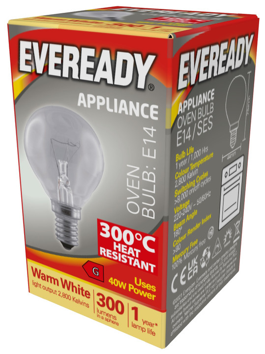 Eveready Oven Light Bulb E14 SES 40w 300 Lumens 300° Heat Resistant (S1024)