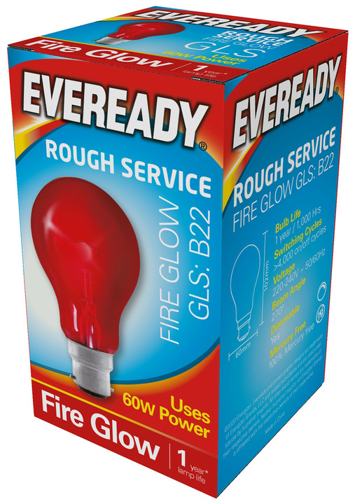 Eveready Fireglow Flame Effect GLS B22 Bayonet 60w 710 Lumens Red Light Bulb. 1 Bulb