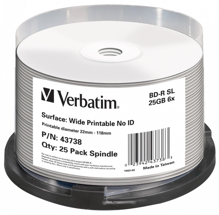 Verbatim Blu-ray BD-R Recordable Wide Printable 25 GB 6x Speed (25 discs)