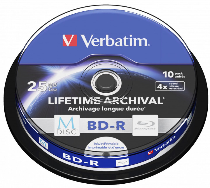Verbatim Blu-Ray BD-R Recordable Discs Lifetime Archival 25 GB 4x Speed (10 discs)