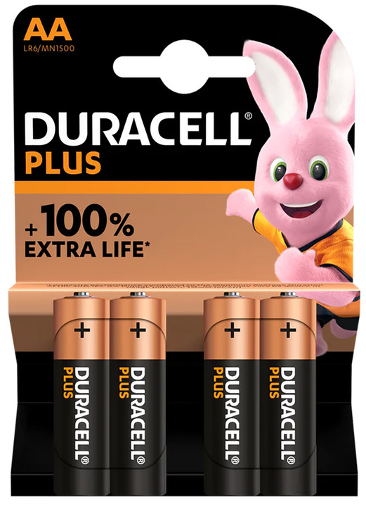 Duracell AA Plus 100% Power Alkaline Batteries. 4 Pack