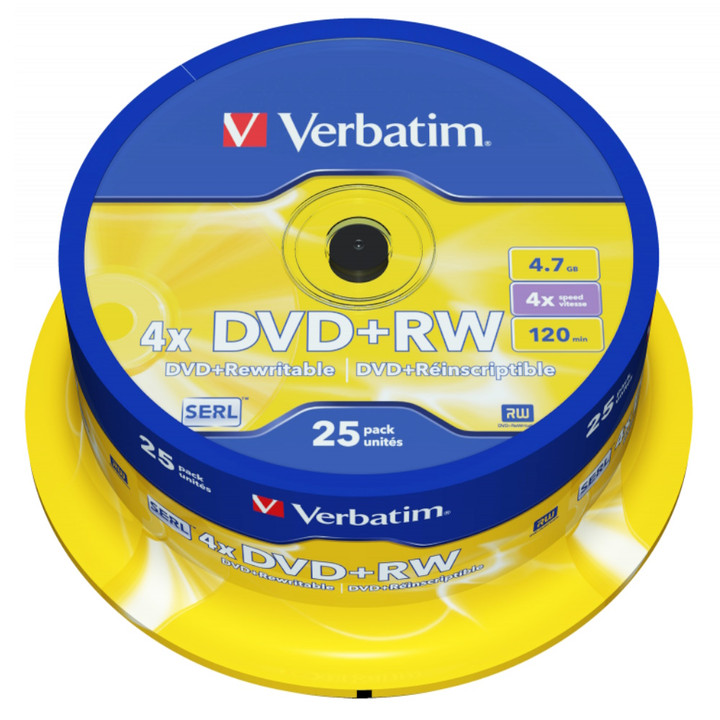 Verbatim DVD+RW Blank Rewritable Discs 120 Min 4.7GB 4x Speed. 25 Pack