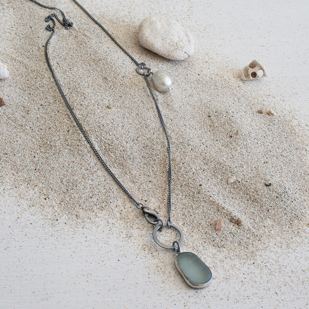 Long pale green sea glass necklace with Baroque freshwater pearl