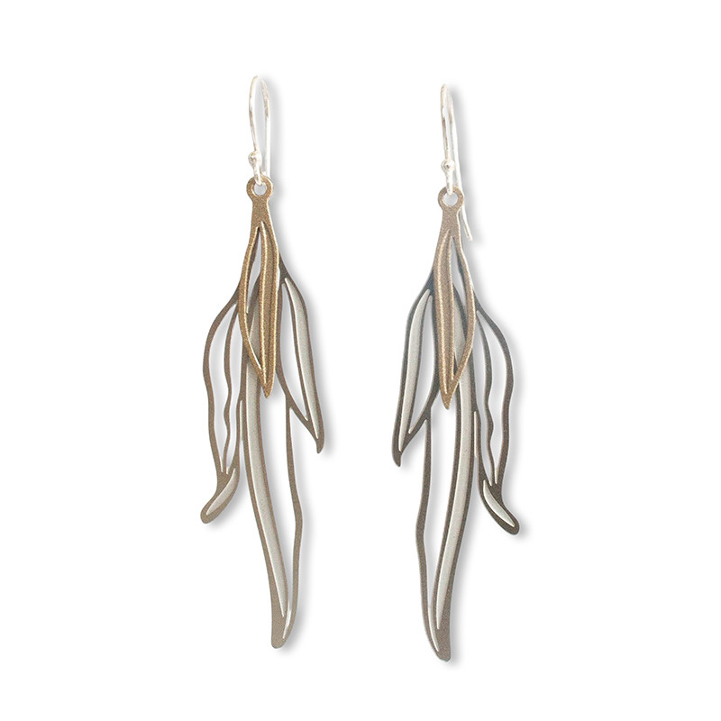 Long Eucalypt Cluster earrings steel with gold