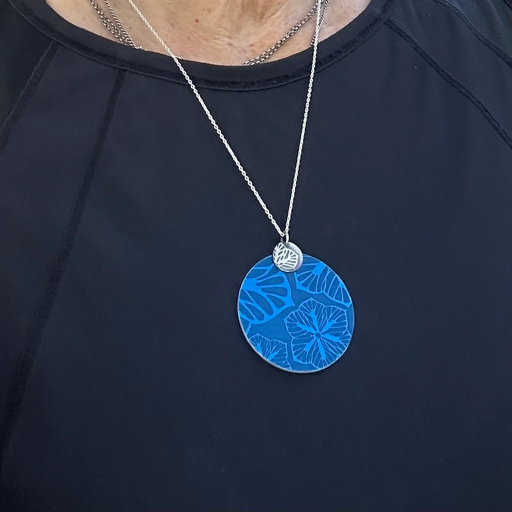 Blue daisy aluminium and silver pendant large