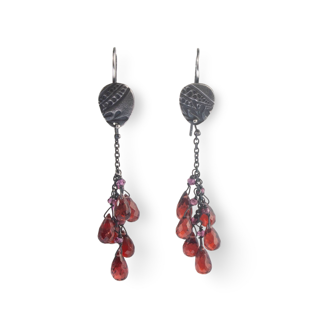 Tear drop silver leaf earrings with briolette garnets