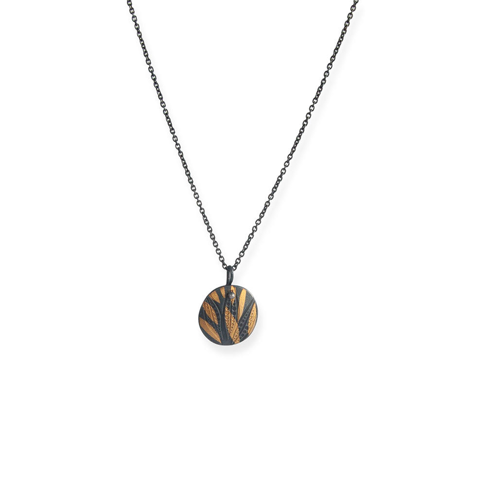 Golden leaves small round pendant - 24ct gold and silver