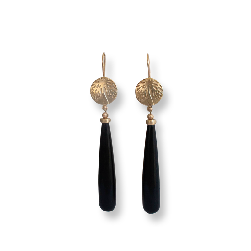 Deco leaf earrings - 9ct yellow gold and onyx