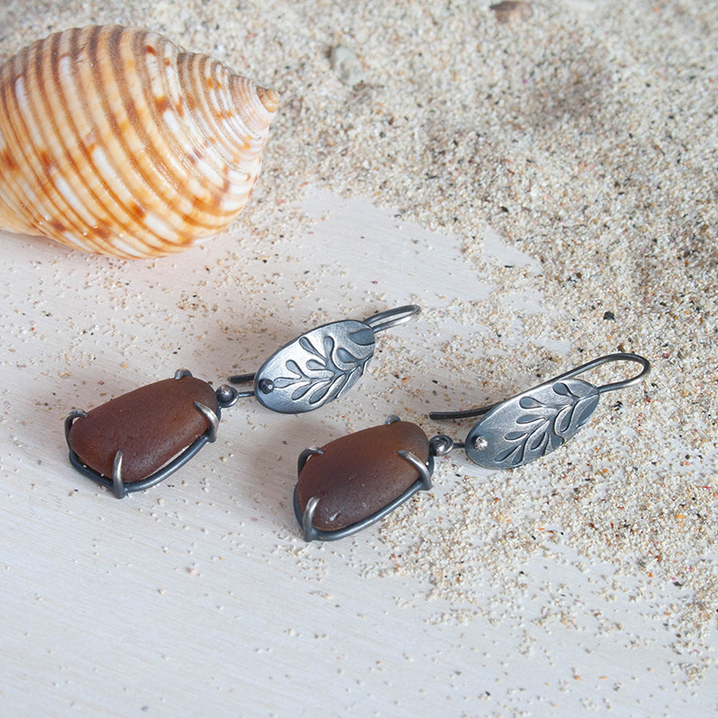 Dark amber sea glass and silver embossed frond earrings