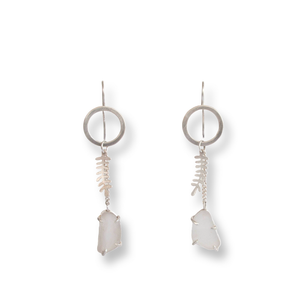 Misty white sea glass and silver fern earrings
