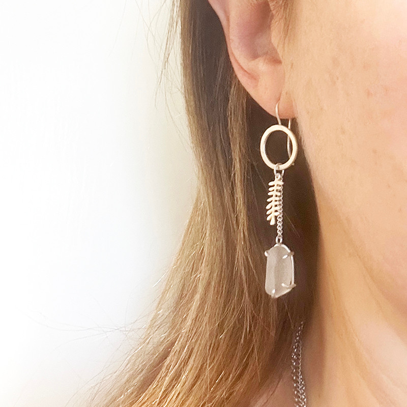 Misty white sea glass and silver fern earrings