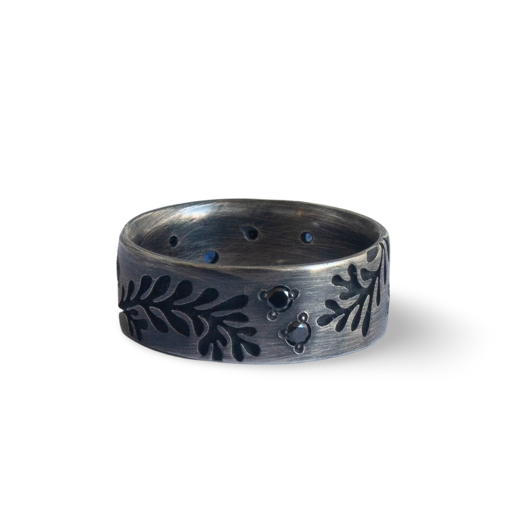 Frond sterling silver band ring with black diamonds and sapphires