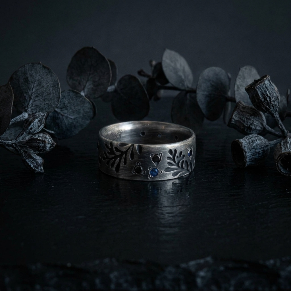 Frond sterling silver band ring with black diamonds and sapphires