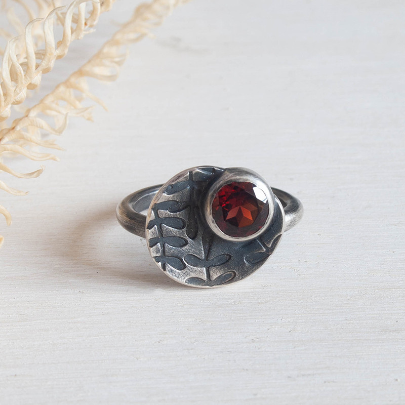 Garnet silver circle fern ring