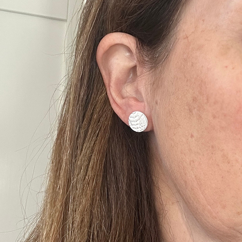Round leaf imprint silver stud earrings