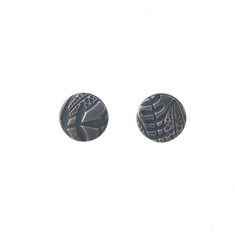 Round leaf imprint oxidised silver stud earrings