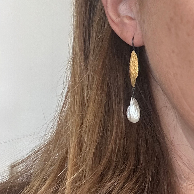 Angel wing pearl gold and silver leaf earrings