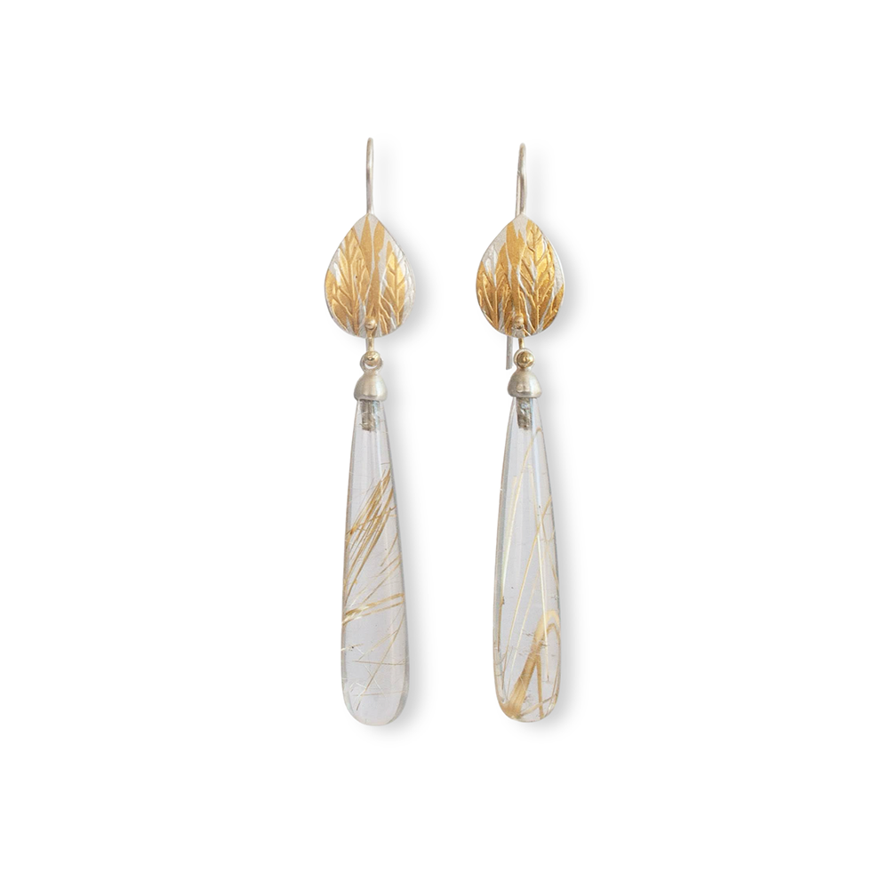 Rutilated quartz gold and silver leaf earrings