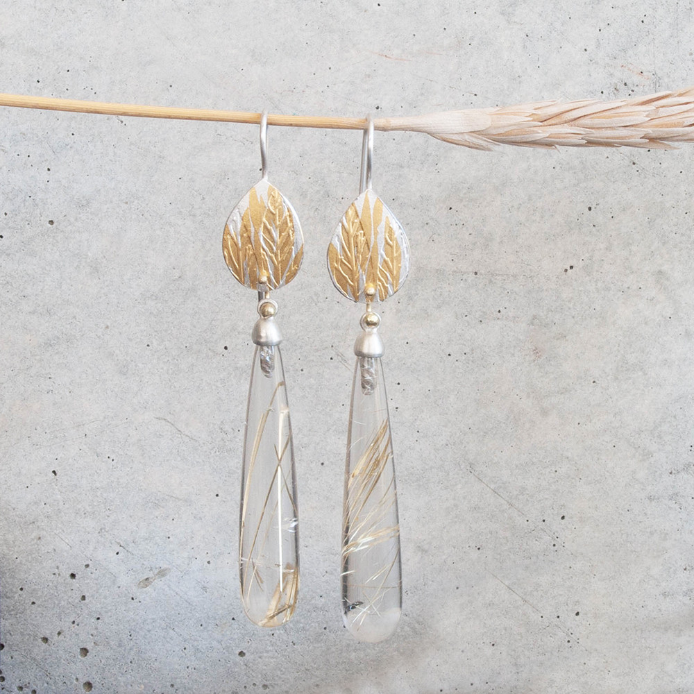 Rutilated quartz gold and silver leaf earrings