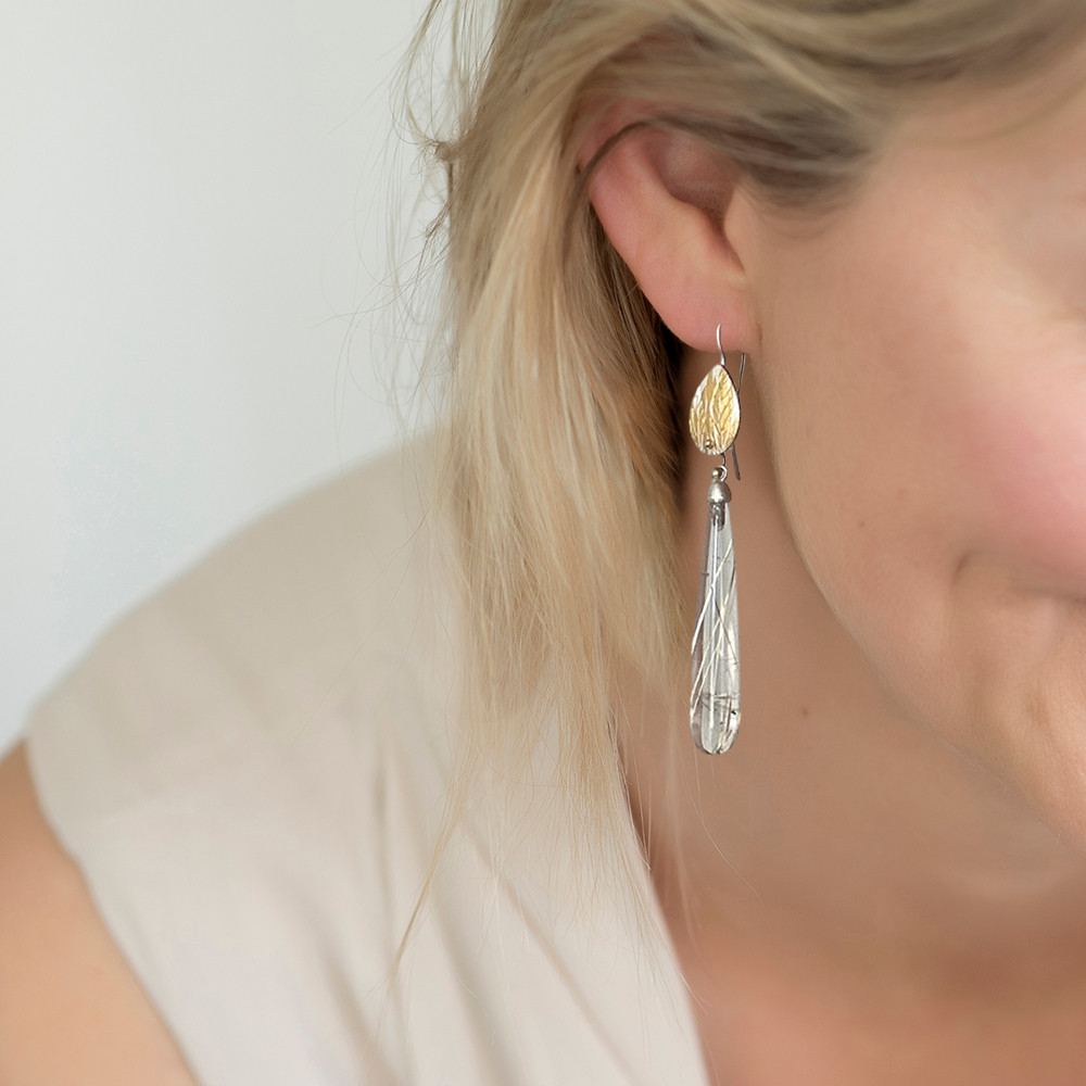 Rutilated quartz gold and silver leaf earrings