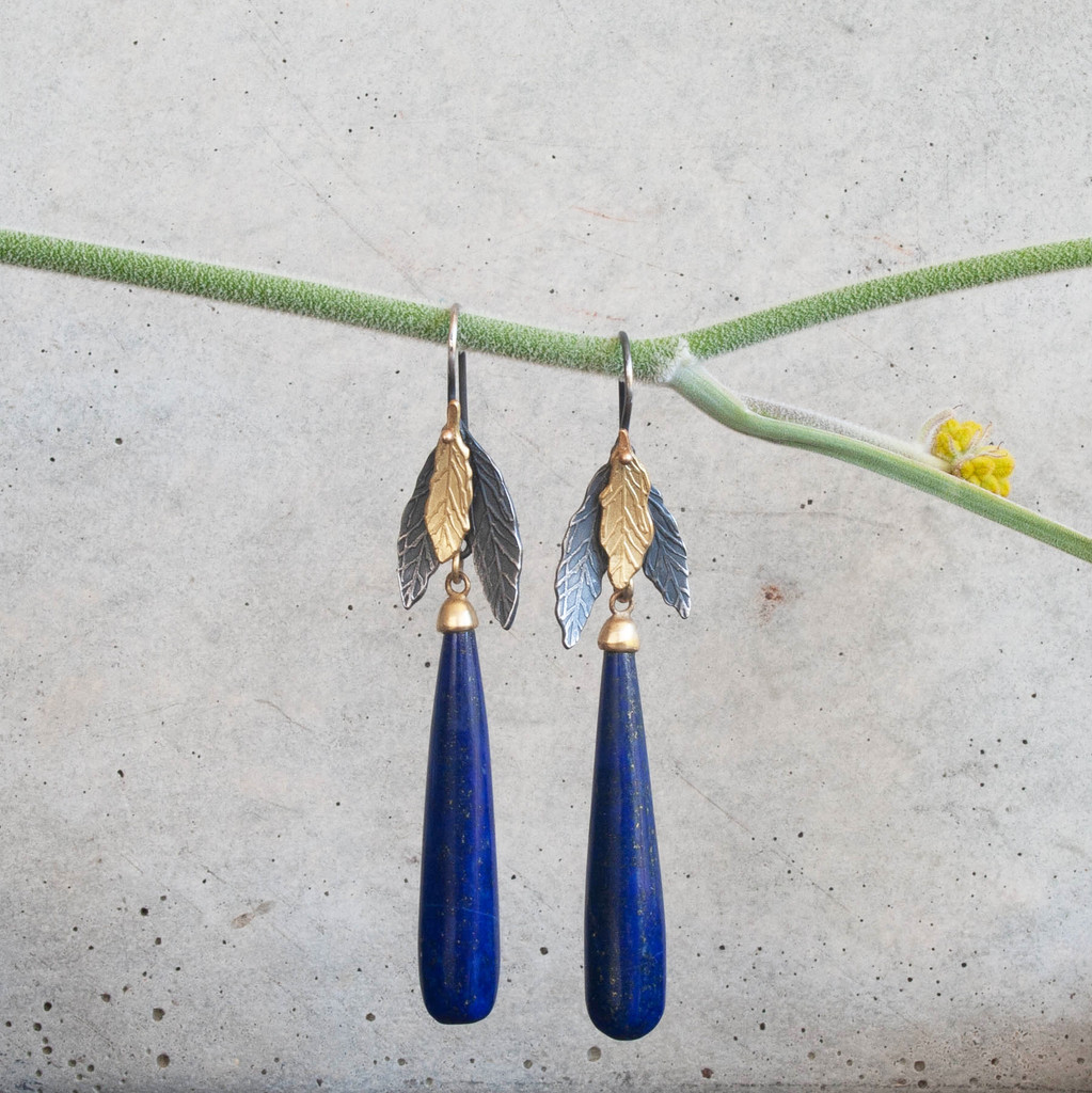Lapis lazuli gold and silver tri leaf earrings