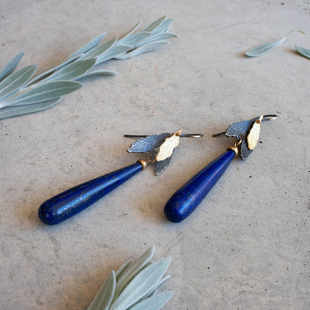 Lapis lazuli gold and silver tri leaf earrings